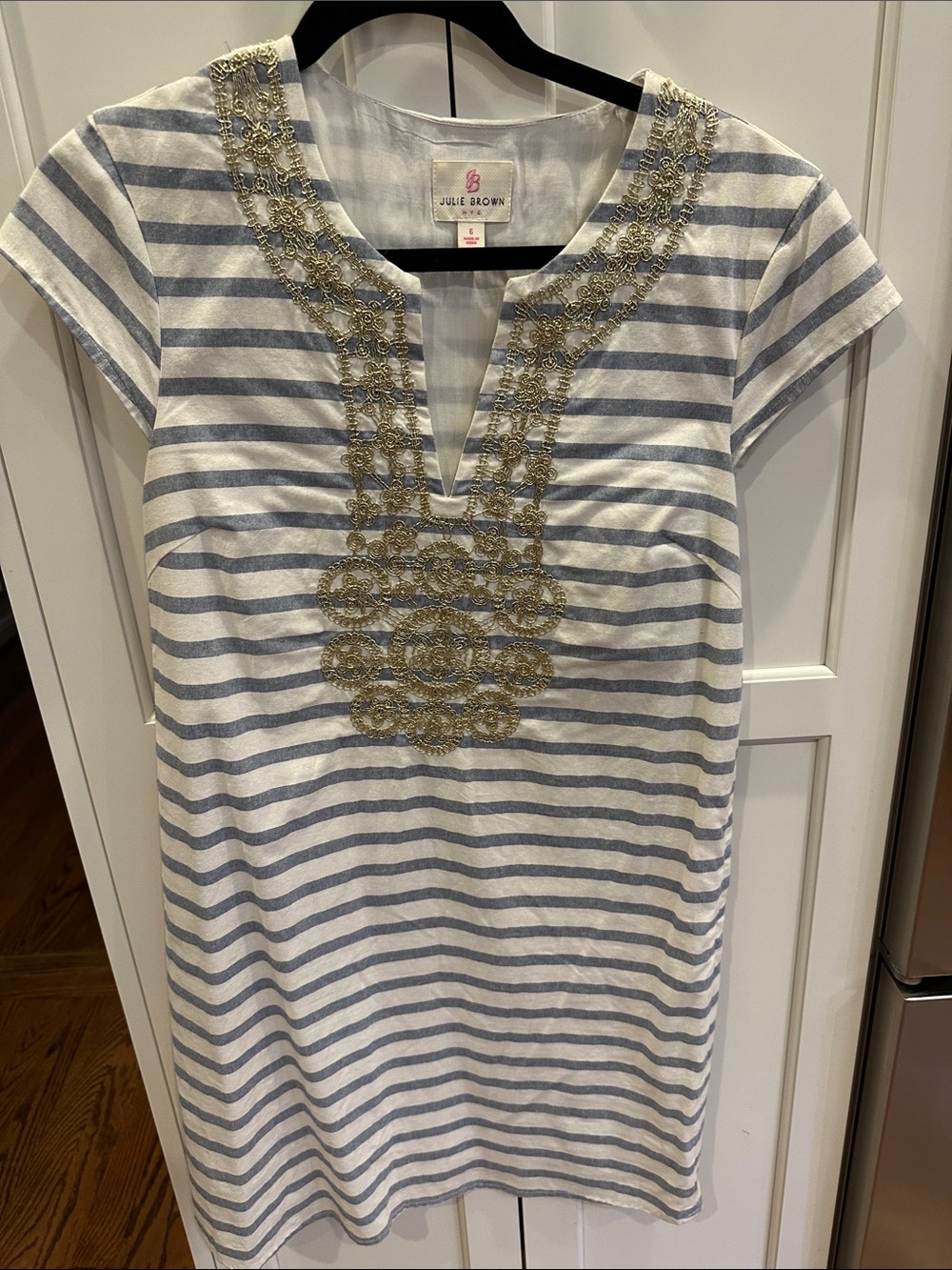 JB by Julie Brown Cream & Light Blue Striped Embroidered Tunic Dress
